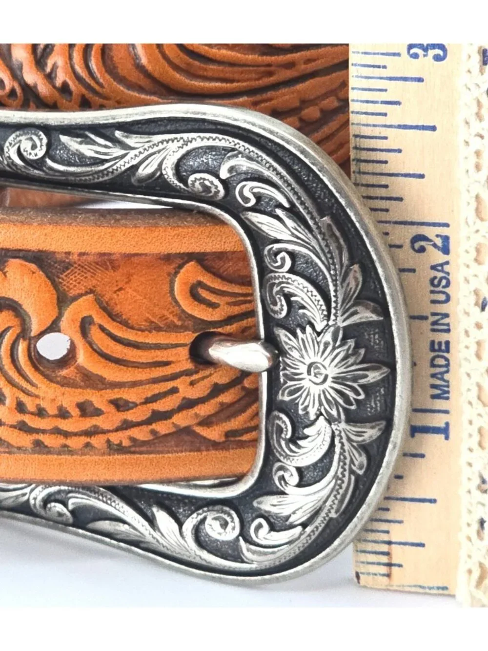 Genuine Tooled Leather Western Belt Engraved Silver Tone Buckle Scroll 42